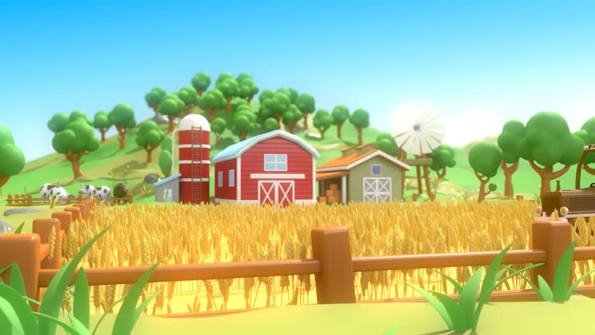 Farm With Field, Shed, Cows and Warehouse. Farmer Harvesting Wheat With Tractor 3D Animation Royalty-Free Stock Footage #1109471767