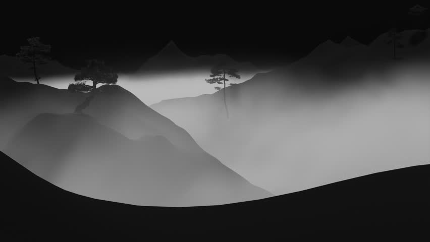Black and white landscape with hills and mountains covered by fog