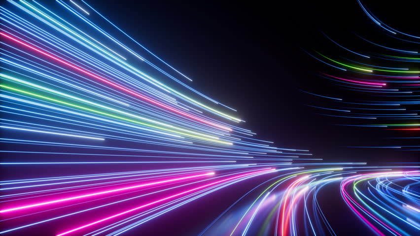 Abstract black background with pink and blue neon glowing lines that extend into the distance, moving through a tunnel to the right. 3d render motion speed of light and hypertunnel. Moving away. - Powered by Shutterstock - Get 15% off with code: PIKWIZARD15