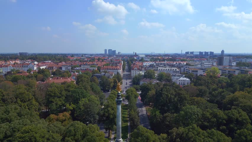 Lovely aerial top view flight drone Gold Angel of Peace column City town Munich