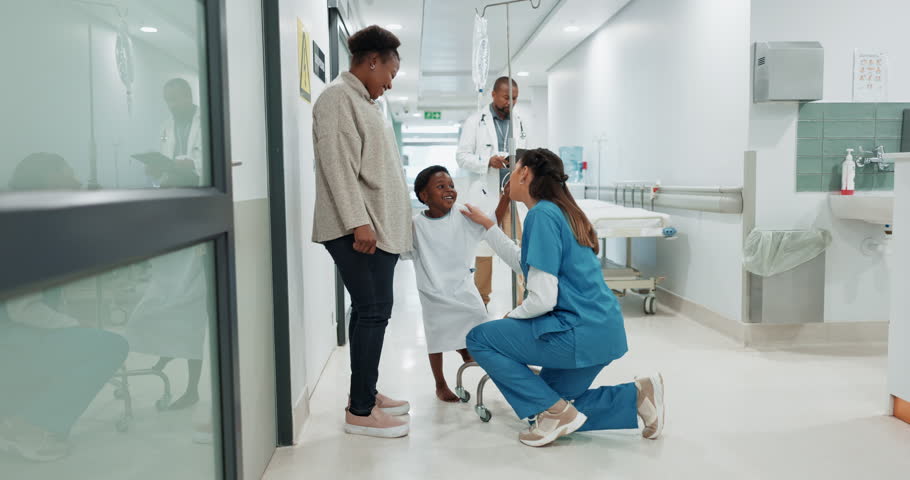 Black family, medicine and a pediatrician talking to a patient in the hospital for medical child care. Kids, trust or healthcare and a nurse consulting a boy with his mother in the clinic for health Royalty-Free Stock Footage #1109481325