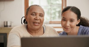 Senior care, caregiver and old woman with laptop, help and smile at nursing home with video call. Healthcare service, nurse and happy elderly person with computer in house with online communication.