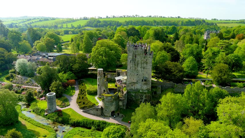 Blarney Castle, medieval stronghold in Blarney, near Cork, known for its legendary world-famous magical Blarney Stone aka Stone of Eloquence, and renowned awe Blarney Gardens. County Cork, Ireland. Royalty-Free Stock Footage #1109482549