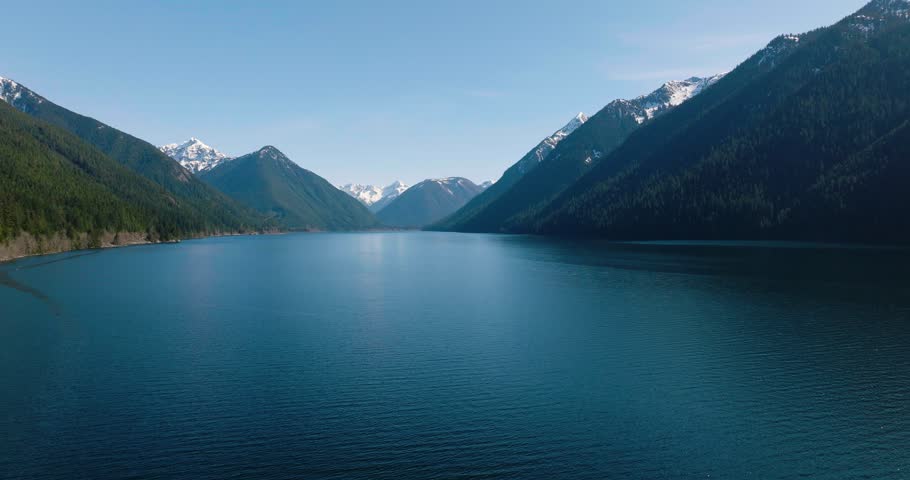 Aerial landscape view of Chilliwack Lake and mountains in spring.