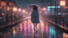 An anime girl walks towards her house at night on a city street under heavy rain while wearing an umbrella. Lo-fi background, music background, looping video animation.
