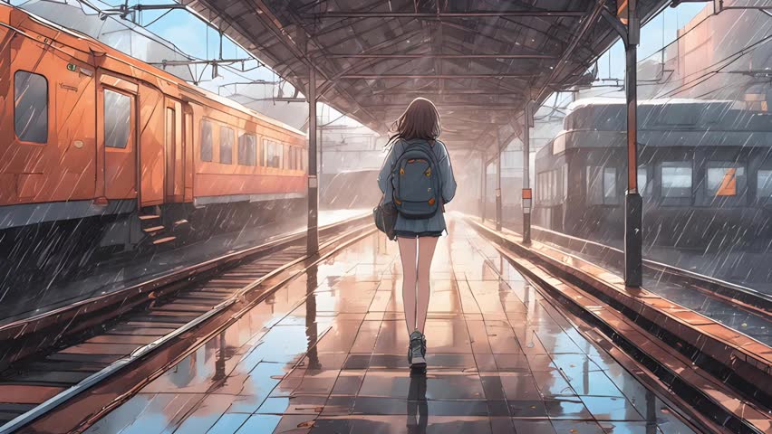 An anime girl who had just returned from school ran to catch the train in the middle of heavy rain in the afternoon. Lo-fi background, music background, looping video animation.