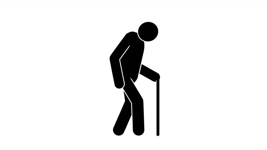 Pictogram - an old man walks with a stick. Elderly man with stick - icon man. Looping animation with alpha channel.