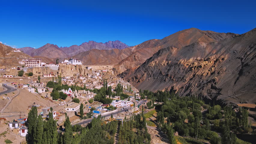 An aerial view of houses in a valley with green nature and rocky hills in Ladakh, India. Ladakh