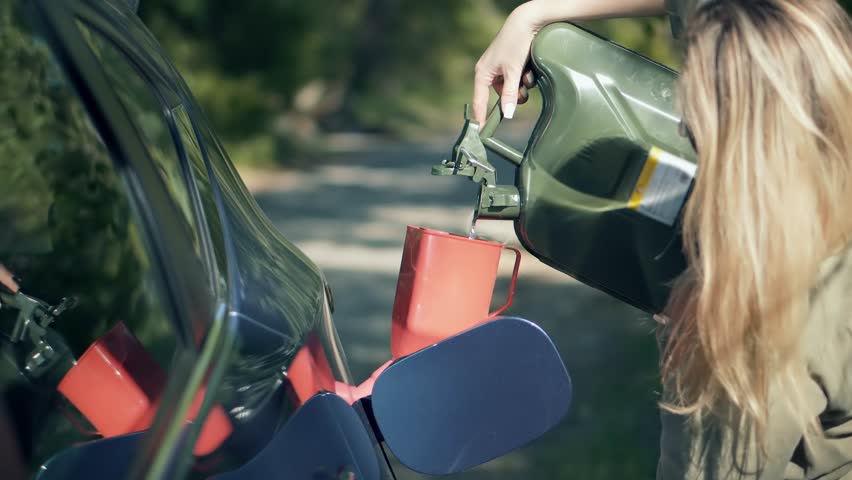 Driver Opens Car Fuel Tank For Filling Gasoline. Fill Petrol Benzine On Trip Canister Auto Journey. Filling Bio Diesel Into Gas Tank. Refilling Gasoline Fuel Tank On Car. Energy Petrol Crisis Price Royalty-Free Stock Footage #1109488323