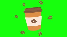 4K Animated Rotating Take Away Cup with Motion Coffee Beans Design Hot Coffee Paper Cup Motion Graphic Isolated on Green Screen Coffee Paper Cups Design Element Flat Coffee Beans Moving Around the Cup