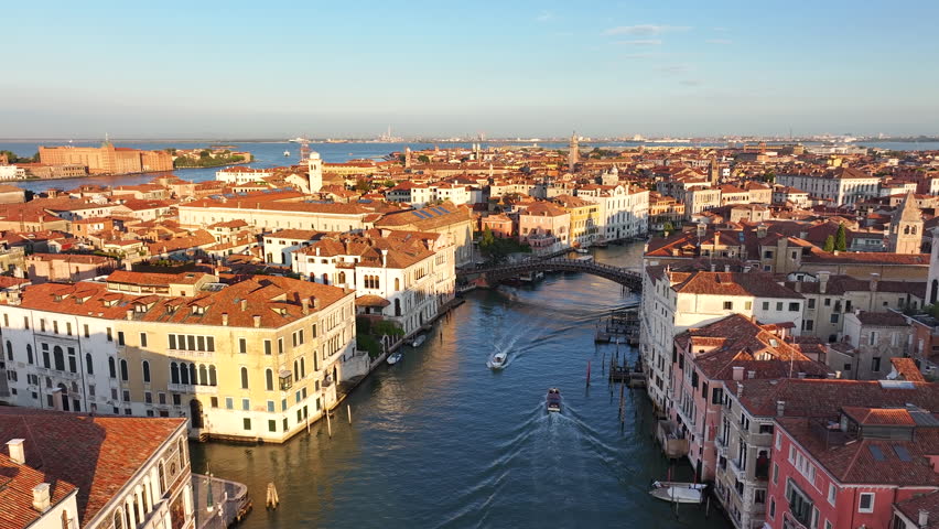 Aerial view of Venice city skyline at sunrise, Ponte dell'Accademia and Grand Canal, Italy Royalty-Free Stock Footage #1109491207