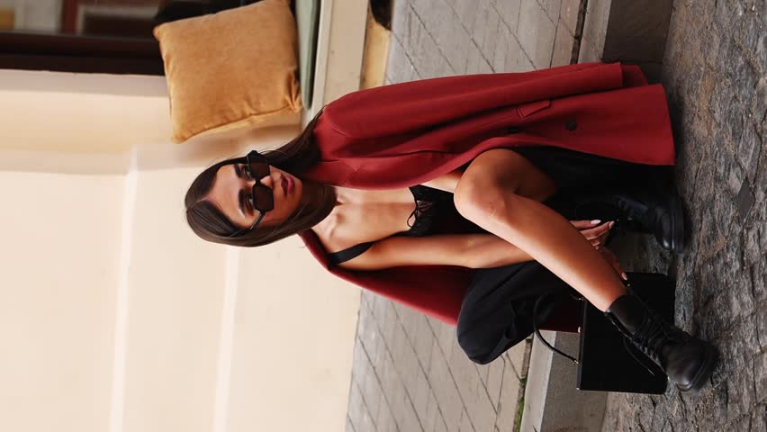 fashion girl business lady sitting on the curb on the street. a girl in a jacket and sunglasses. vertical video