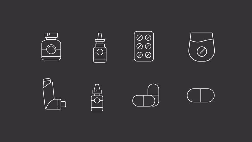 White linear icon simple animations representing medical treatment, HD video with transparent background, seamless loop 4K video.