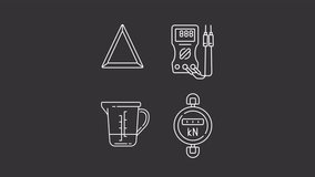 Set of white icon simple animations representing measurement instruments, HD video with transparent background, seamless loop 4K video.