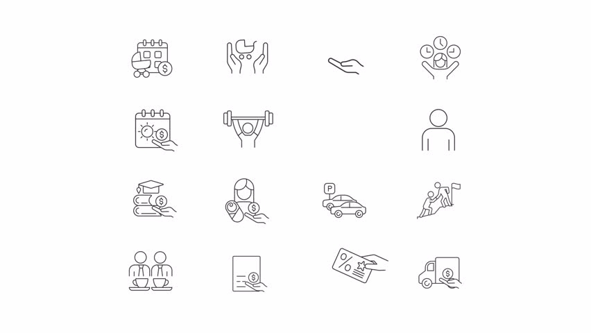 Set of black icon simple animations representing employee perks and bonuses, HD video with transparent background, seamless loop 4K video. Royalty-Free Stock Footage #1109499361