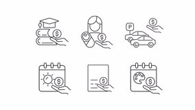Set of black icon simple animations representing employee perks and bonuses, HD video with transparent background, seamless loop 4K video.