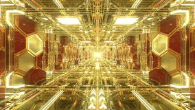 An endless flight through a shimmering gold sci-fi tunnel of detailed honeycomb structures in a seamless VJ loop. Perfect for visualization of audio beats in music videos, stage performance walls