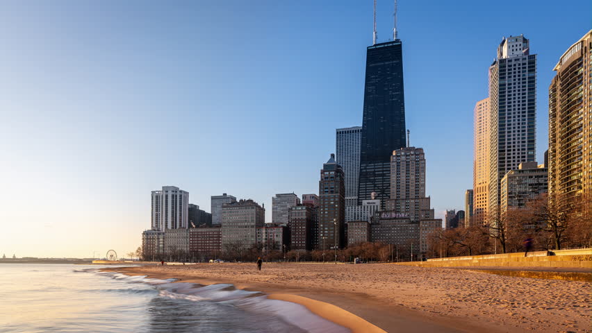 Chicago, Il, USA - April 4 2022: Timelapse clip from the North Beach in Chicago with the skyline behind
