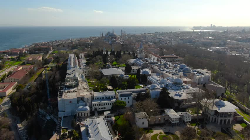 Sunset aerial view of Hagia Sophia Mosque, Eminönü, Grand Bazaar. Topkapı palace aerial view