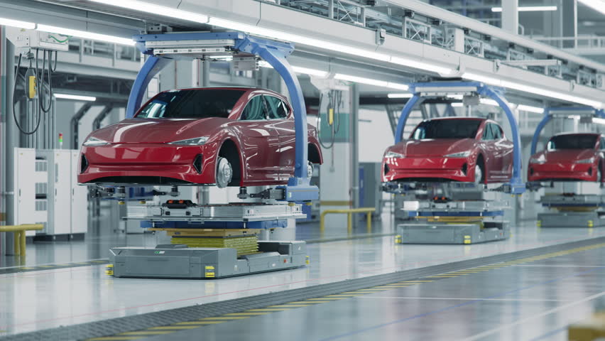 EV Production Line on Advanced Automated Bright Factory. High Performance Electric Car Manufacturing. Car Batteries being Attached to Electric Vehicles on Assembly line. AGV Transport Batteries. Royalty-Free Stock Footage #1109504175