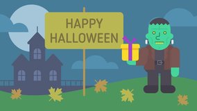Happy Halloween composition monster holding gift box. Greeting video card. Looped animation