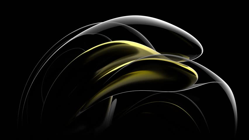 3d render of abstract art video animation with part of surreal alien flower in curve wavy spherical elegance spiral lines forms in translucent plastic material with yellow gold metal core on black
