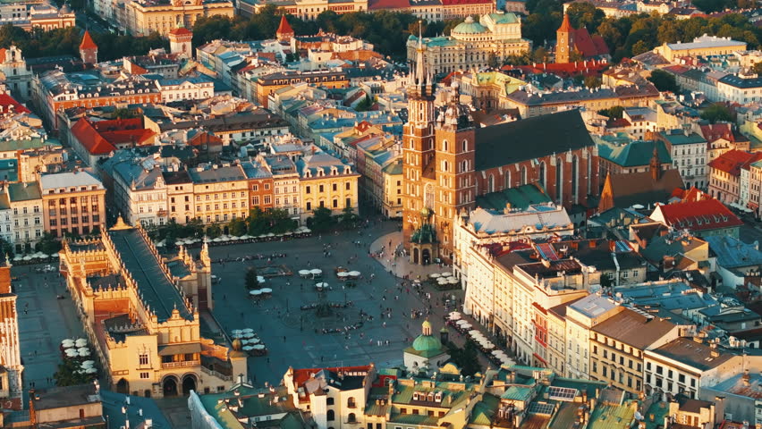 Main Market square or Rynek Glowny with a Town Hall, Sukiennice and St. Mary