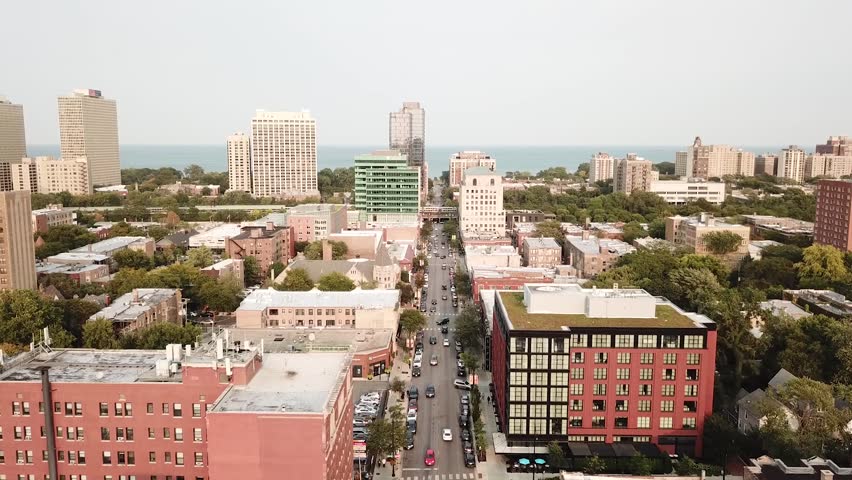 Drone shot over 53rd street in Hyde Park, Chicago Royalty-Free Stock Footage #1109515015