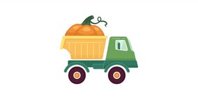 Fall harvest pumpkin truck riding 2D animation. Old retro car driving 4K video motion graphic. Delivery vegetable. Autumn countryside farm color animated cartoon flat concept, white background