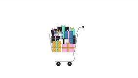 Shopping trolley rolling with giftboxes line 2D object animation. Black friday, cyber monday sales presents flat color cartoon 4K video, alpha channel. Xmas gifts buy animated item on white background