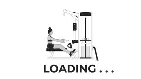 Working out on seated row machine bw loading animation. Woman grasping cable outline 2D cartoon character 4K video loader motion graphic. Back exercise animated gif isolated on white background