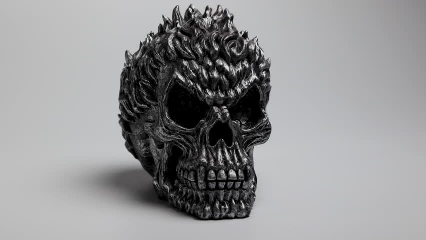 Silver Flaming Skull on a White Bachground Orbiting Right