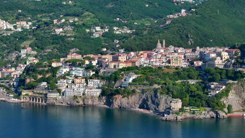 Panoramic view of Vietri sul Mare from Salerno, Italy, The Amalfitana is an Italian coastal road in the province of Salerno that leads from Meta di Sorrento to Vietri sul Mare, Beautiful view 