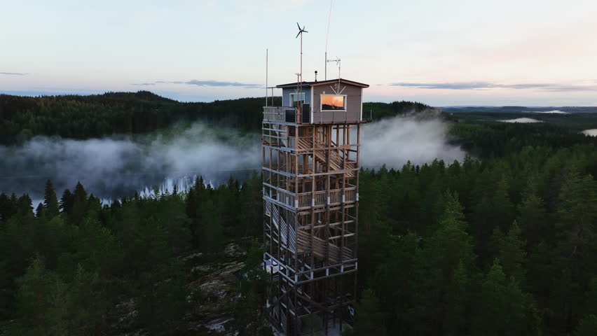 Flying around a watchtower, misty, summer morning in central Finland - Aerial view