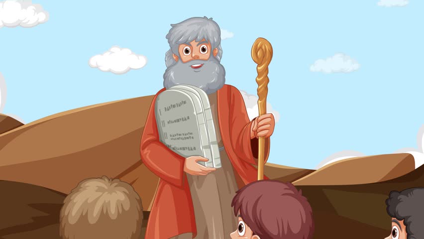 Moses holding the 10 commandments and teaching the people.