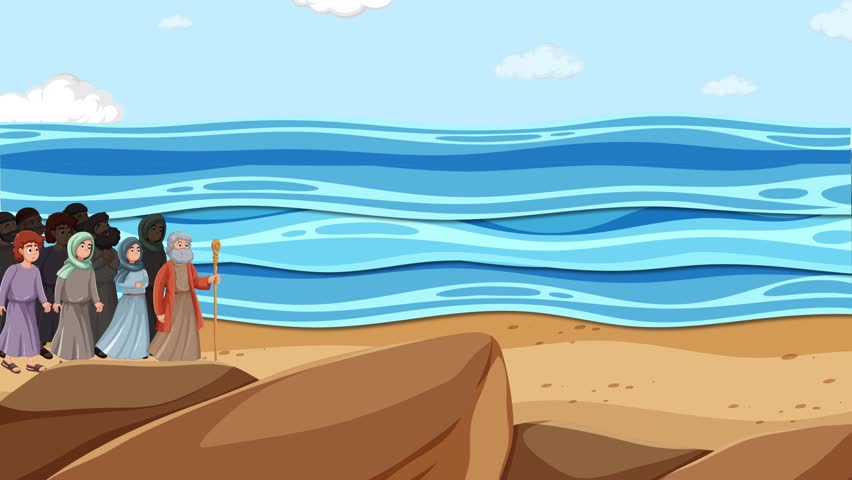 Scene of Moses parting the Red Sea and leading the Israeli people through.