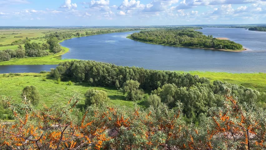 Picturesque view of the Kama River from the observation deck at the Yelabuga settlement. The movement of clouds over the river. Lower Kama National Park. Yelabuga, Republic of Tatarstan, Russia, 4K