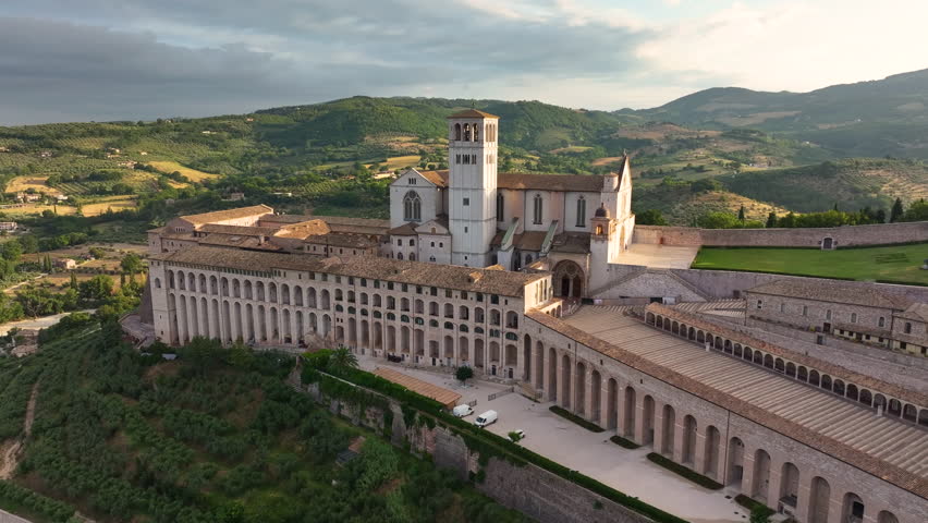 Aerial view of the Saint Francis Basilica in Assisi, in the Province of Perugia, in the Umbria region of Italy