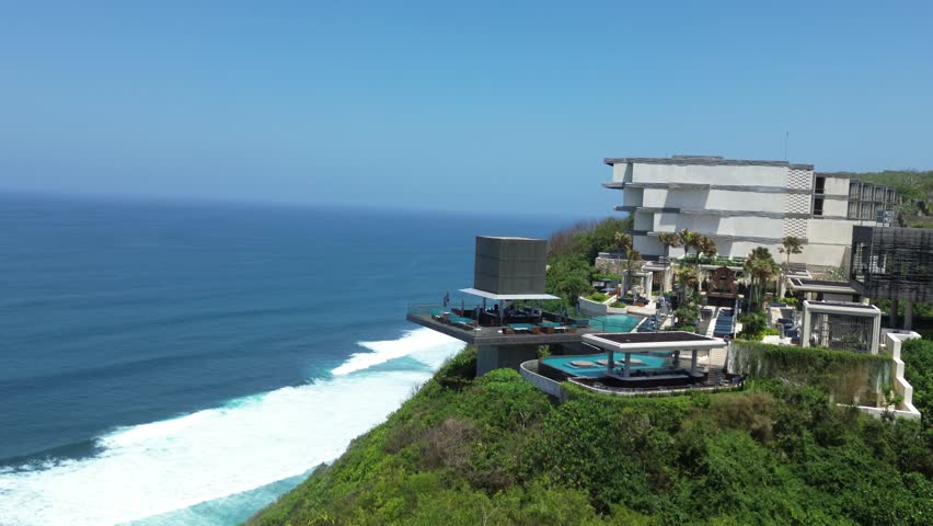 Elite beach club Savaya  in Bali, drone view of an elite club overlooking the sea, an expensive luxury club overlooking the Indian Ocean Royalty-Free Stock Footage #1109530877