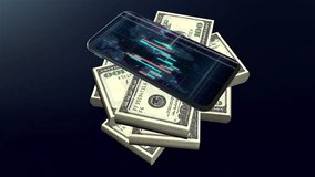 Stock market graph analyzing stock market financial indices on phone screen, data placed on pile of lots of money Financial data interface hologram and 3D technology concept - Powered by Shutterstock - Get 15% off with code: PIKWIZARD15