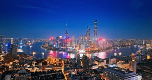 Aerial view of Shanghai city skyline at night. Creative videos without trademarks and advertisements