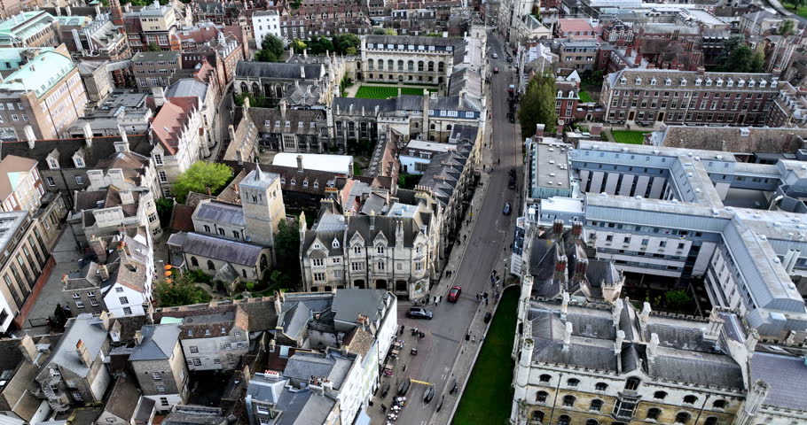 Beautiful aerial view of Cambridge England. Old Great Britain city. A lot of colleges and university. Student campus.Amazing autumn town, with historical architectures and old churches and libraries