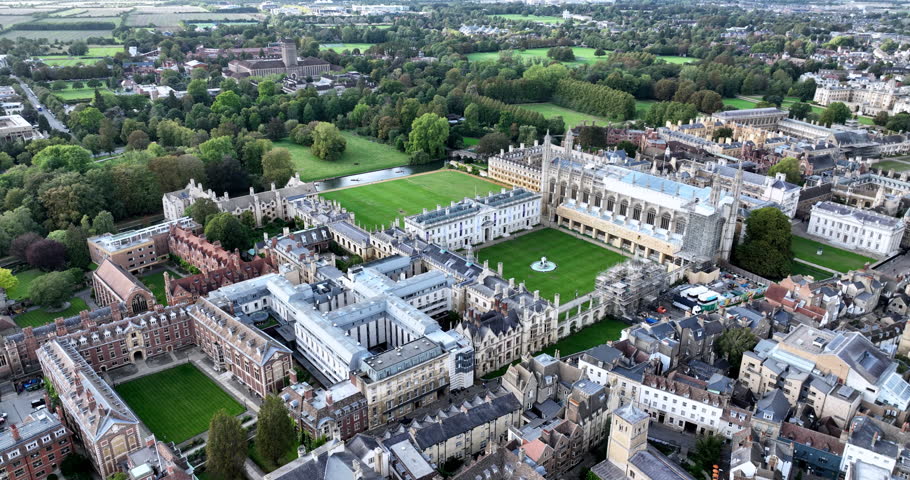 Beautiful aerial view of Cambridge England. Old Great Britain city. A lot of colleges and university. Student campus.Amazing autumn town, with historical architectures and old churches and libraries