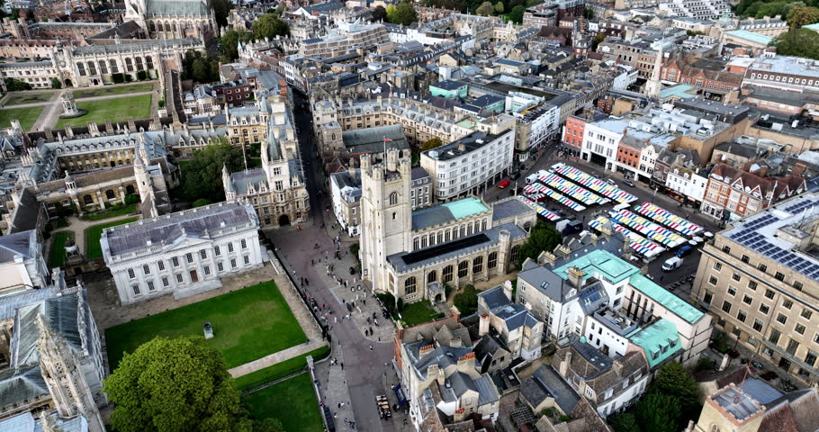 Beautiful aerial view of Cambridge England. Old Great Britain city. A lot of colleges and university. Student campus.Amazing autumn town, with historical architectures and old churches and libraries