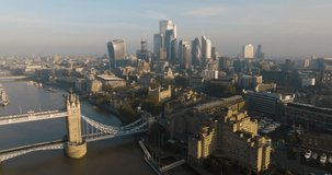 Cinematic Establishing Aerial Shot Of The London Skyline At Sun Rise.