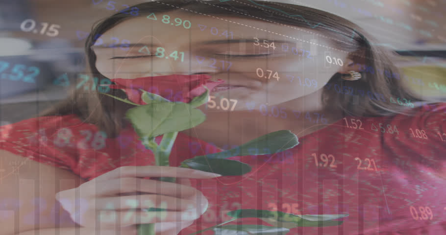 Animation of graphs, trading board over beautiful caucasian woman smelling rose and kissing camera. Digital composite, multiple exposure, report, business, stock market and technology concept.