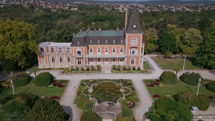 Aerial view of the historic Euxinograd palace in Varna, Bulgaria. Admire the grand architecture and lush gardens of this magnificent estate, situated along the beautiful Black Sea coast. Royalty-Free Stock Footage #1109538321