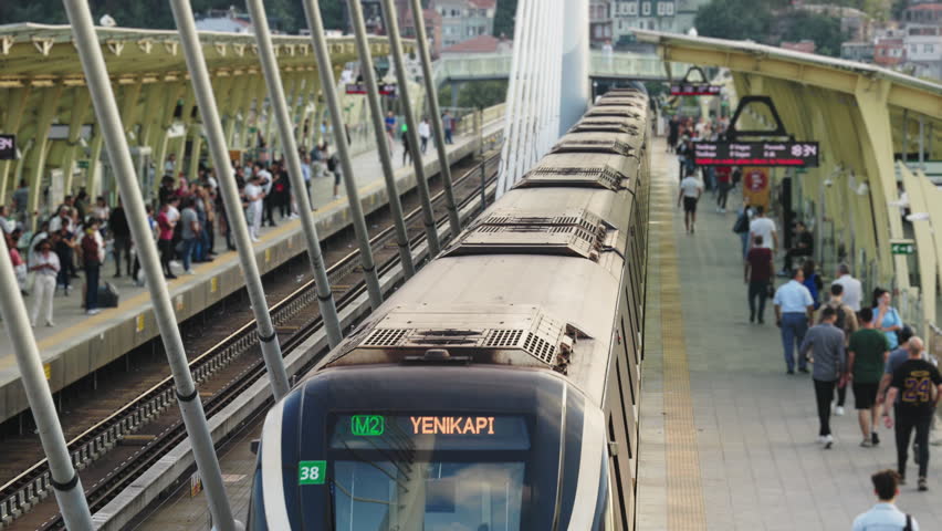 metro station in Istanbul, Turkey. The train takes away the passengers. Public transport of the modern city