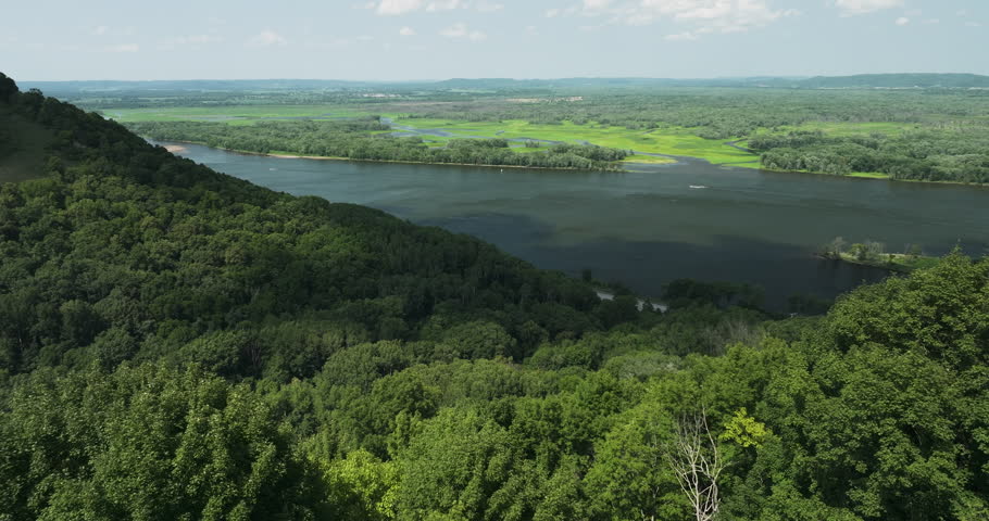Greenery Forests At The Valleys Of The Mississippi River In Great River Bluffs State Park, Minnesota USA. Aerial Shot