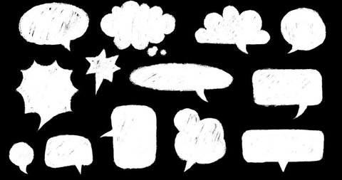 Doodle Speech Bubbles Animated Pack with dry brush texture. Hand Drawn cute sketch style of chat clouds different shape. Dialogue, discussion, message, thoughts comic sketch. Alpha channel. - Βίντεο στοκ